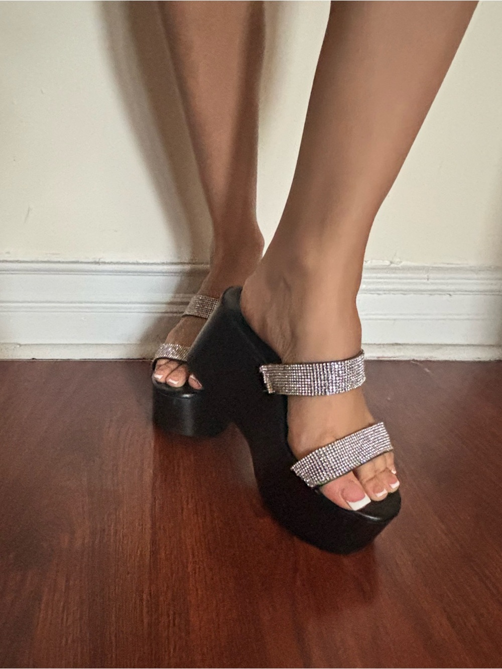 Platform Slide Sandals with Rhinestone Straps - Black
